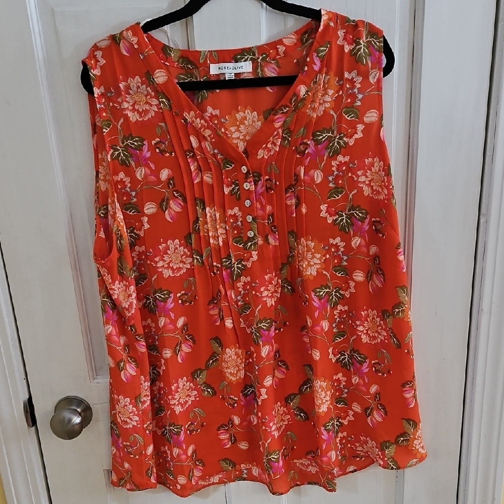Rose And Olive Floral Sleeveless Blouse - Orange and Pink